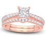 full view of princess and round diamond two ring wedding set in 14k yellow gold