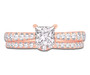 front view of princess and round diamond two ring wedding set in 14k yellow gold