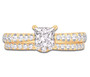 front view of princess and round diamond two ring wedding set in 14k yellow gold