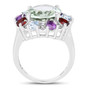 side view of prasiolite and multi gemstone halo ring in rhodium over sterling silver