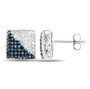 side view of blue and white diamond cluster square stud earrings in rhodium over sterling silver