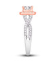 full view of round diamond halo wedding ring in 14k rose and white gold