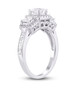side view of diamond three stone princess and round halo wedding ring in 14k white gold