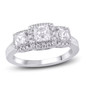 diamond three stone princess and round halo wedding ring in 14k white gold