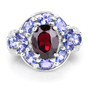 front view of garnet and tanzanite topaz halo ring in rhodium over sterling silver