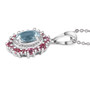 side view of aquamarine and rhodolite garnet halo pendant necklace in rhodium over sterling silver