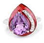 front view of amethyst and white topaz red enameled ring in rhodium over sterling silver