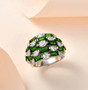 chrome diopside and moissanite dome cluster ring wide band ring in rhodium over sterling silver shown in a lifestyle photo