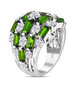 side view of chrome diopside and moissanite dome cluster ring wide band ring in rhodium over sterling silver