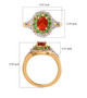 cherry fire opal tsavorite garnet and white zircon double halo ring in18k yellow gold over sterling silver shown for size comparison