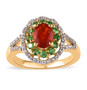 cherry fire opal tsavorite garnet and white zircon double halo ring in18k yellow gold over sterling silver