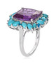 side view of lab color change sapphire turquoise and apatite halo ring in rhodium over sterling silver