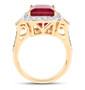 side view of ruby (ff) emerald cut and white diamond halo ring in solid 14k yellow gold