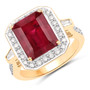 front view of ruby (ff) emerald cut and white diamond halo ring in solid 14k yellow gold