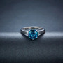 close up of london blue topaz solitaire ring in rhodium over sterling silver