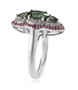 side view of green apatite rhodolite garnet and zircon elongated ring in rhodium over sterling silver