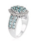 side view of blue apatite and white zircon halo cluster ring in rhodium over sterling silver