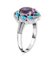 side view of rose de france amethyst turquoise and white zircon halo ring in rhodium over sterling silver