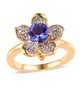 tanzanite and white zircon flower ring in 18k yellow gold over sterling silver