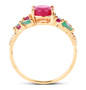 side view of ruby emerald and diamond cluster band ring in solid 14k yellow gold