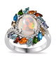 ethiopian opal multi gemstone and white zircon halo ring in rhodium over sterling silver