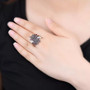 black garnet and white zircon floral cluster ring in rhodium over sterling silver