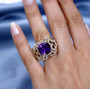 amethyst multi gemstone and white zircon statement ring in 18k yellow gold over sterling silver worn on a hand