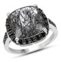tourmalinated quartz and black spinel cushion halo ring in rhodium over sterling silver