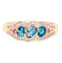 front view of london blue topaz pink tourmaline and diamond solid 14k yellow gold trilogy ring