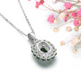 back view of chrome diopside and white zircon double halo pendant necklace in rhodium over sterling silver