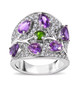 amethyst white zircon and chrome diopside wide band cluster ring in rhodium over sterling silver
