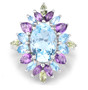 front view of sky blue topaz amethyst and peridot halo ring in rhodium over sterling silver