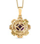 back view of amethyst multi gemstone flower cluster halo pendant necklace in 18k yellow gold over sterling silver