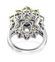 back view of peridot and white zircon halo ring in rhodium over sterling silver