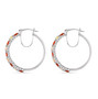 side view of ethiopian opal and fire opal hoop earrings in rhodium over sterling silver