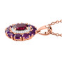 back view of rhodolite garnet amethyst and moissanite pendant necklace in 18k rose gold over sterling silver