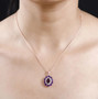 rhodolite garnet amethyst and moissanite pendant necklace in 18k rose gold over sterling silver worn around the neck