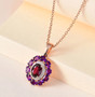 rhodolite garnet amethyst and moissanite pendant necklace in 18k rose gold over sterling silver shown in a lifestyle photo