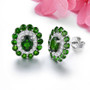 side view of chrome diopside and white zircon double halo stud earrings in rhodium over sterling silver