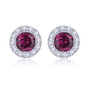 full view of tanzanite and white zircon round halo stud earrings in rhodium over sterling silver