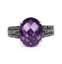 front view of amethyst and black diamond ring in rhodium over sterling silver