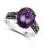 angled view of amethyst and black diamond ring in rhodium over sterling silver