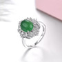 close up of green agate and white zircon ring in rhodium over sterling silver