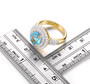 swiss blue topaz and white zircon double halo ring in 18k yellow gold over sterling silver shown for size comparison