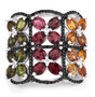 front view of multi tourmaline and black spinel openwork floral cluster ring in rhodium over sterling silver