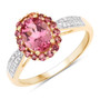 pink tourmaline and white diamond halo ring in solid 14k yellow gold