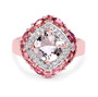 front view of morganite and white topaz pink tourmaline halo ring in 14k rose gold over sterling silver