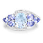 front view of aquamarine and tanzanite bypass ring in rhodium over sterling silver