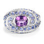 front view of amethyst and tanzanite halo ring in rhodium over sterling silver