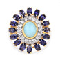 front view of larimar white topaz and iolite double halo ring in 14k yellow gold over sterling silver